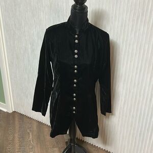 COLDWATER CREEK Black Velvet Jacket sz 8 Mandarin Collar, 29” long.